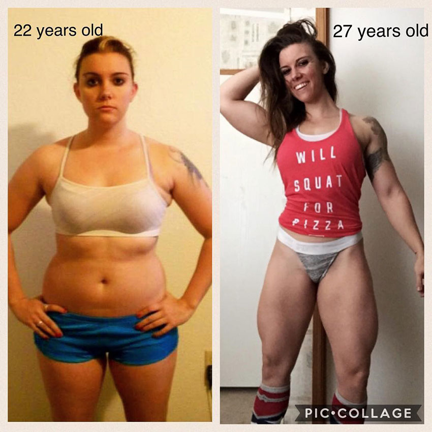 Kristina Moser in two pictures howing her transformation from overweight to lean and muscular 
