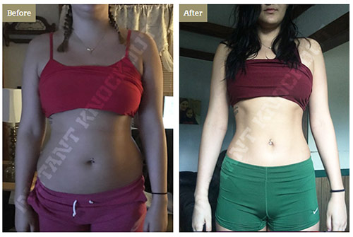 a picture of a happy instant knockout customer showing her amazing transformation