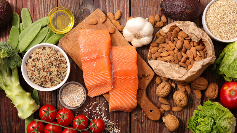 Getting-healthy-with-fresh-food - fish, grains, fruit, nuts, vegetables