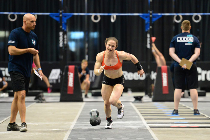 professional female CrossFit athlete Kari Pearce runs during CrossFit games