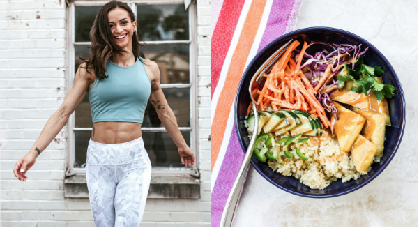 vegan femal athleet with an image of vegan food