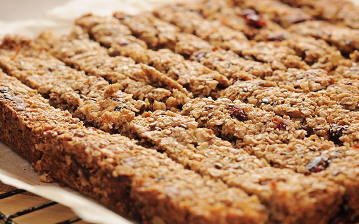 A tray of high protein peanut butter bar snack. 