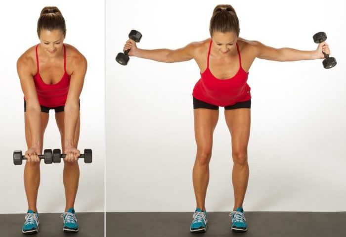 Woman depicting the two parts of a bent over reverse fly