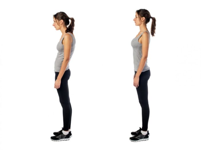 A before and after of a woman with bad posture, then corrected posture