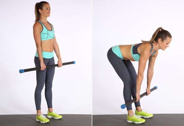 Woman demonstrating the top and bottom positions of a stiff leg deadlift