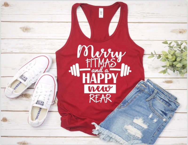 festive fitness clothing with the caption merry fitmas and a happy new rear