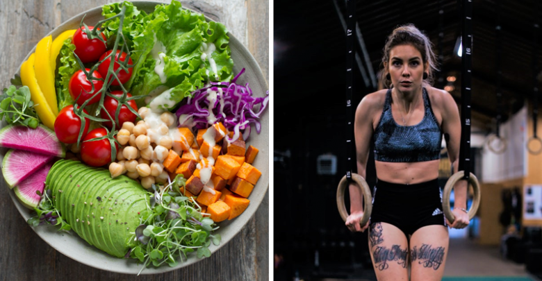 Bowl of vegan food featuring high protein beans next to a woman performing ring push ups to build muscle